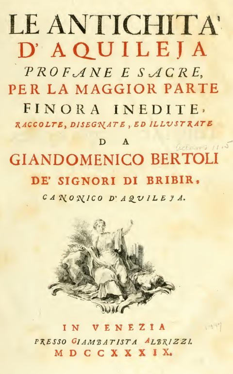frontespizio del libro Le antichità di Aquileia di Giandomenico Bertoli