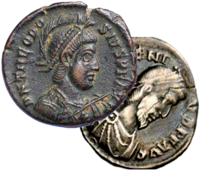 monete romane con l'effigie di Teodosio I e Flavio Eugenio
